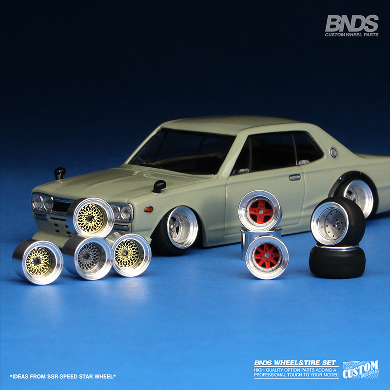 BNDS 1/64 Metallräder mit Gummireifen, Legierungsdesign, Felgen, Detail-up-Teile, JDM VIP-Stil für Modellfahrzeuge, 8,3 mm, 4-teiliges Set – Detail 4