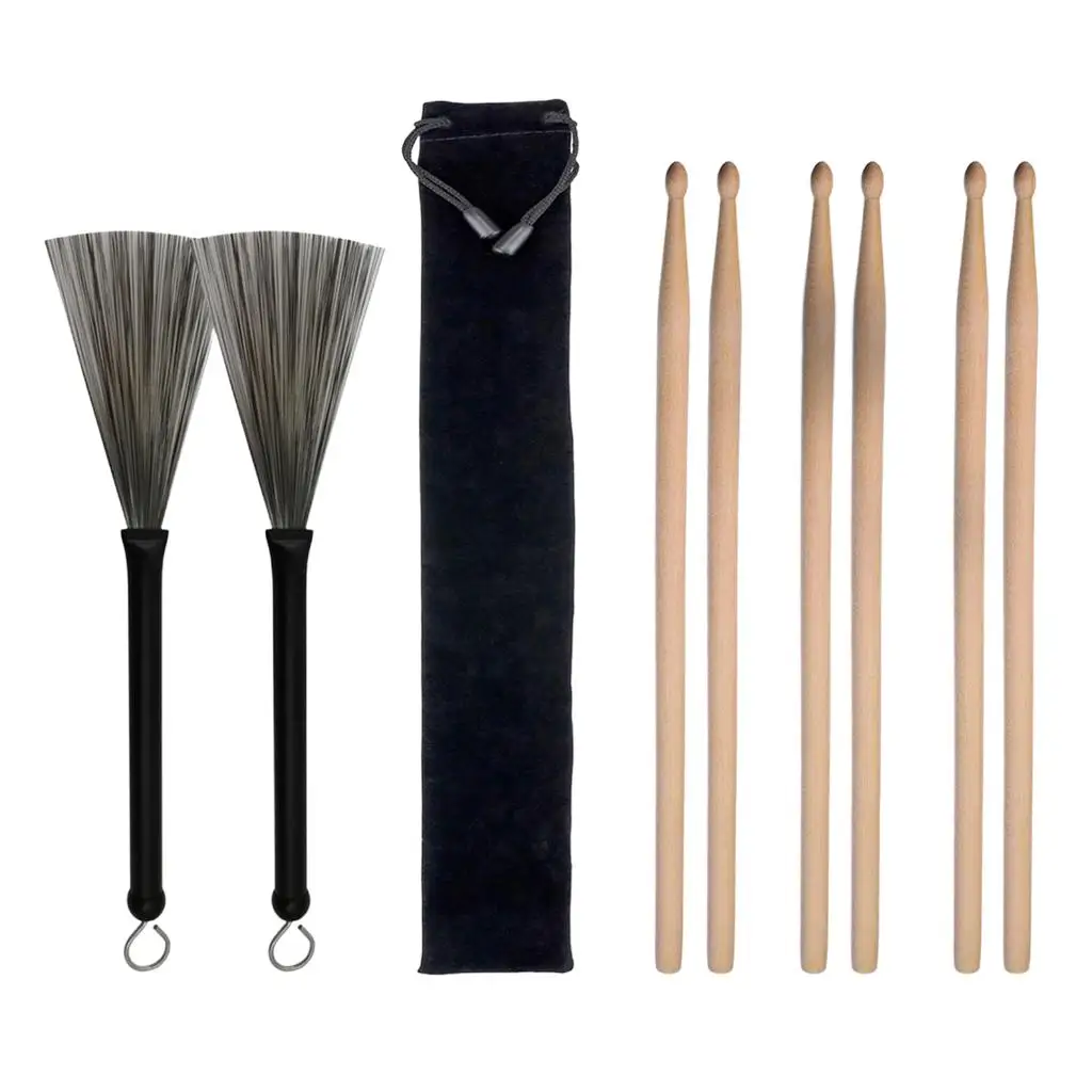 Drum Sticks 5A Tip 1 Pair Retractable DrumBrushes w/ a Storage Bag