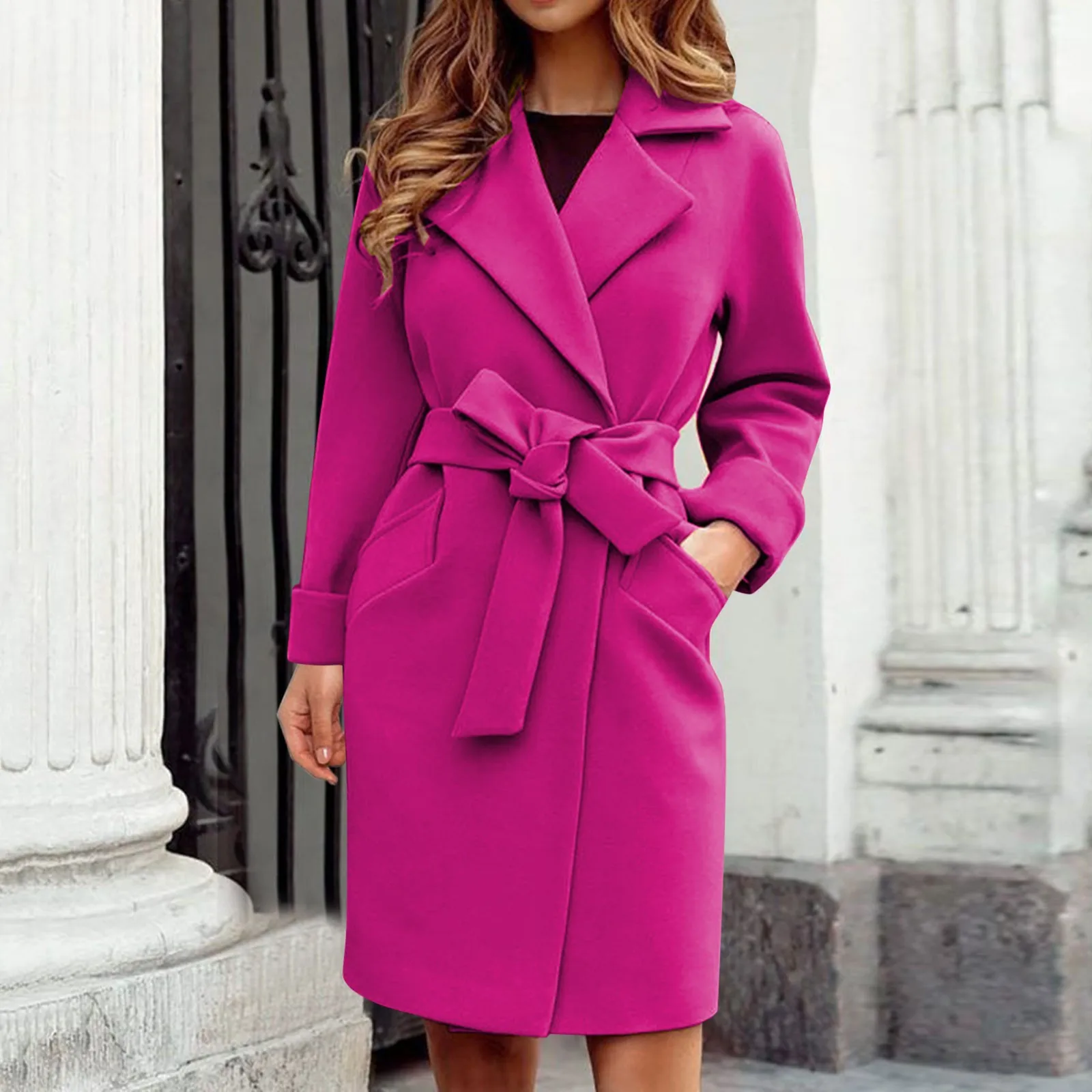 Women Hot Pink Trench Coat Casual Mid Long Overcoat Lapel Open Front Cardigan Outwear Woolen Boot Winter Jackets for Women