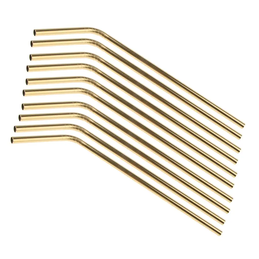 10pcs Reusable Metal 304 Stainless Steel Drinking Straws Curved, Gold