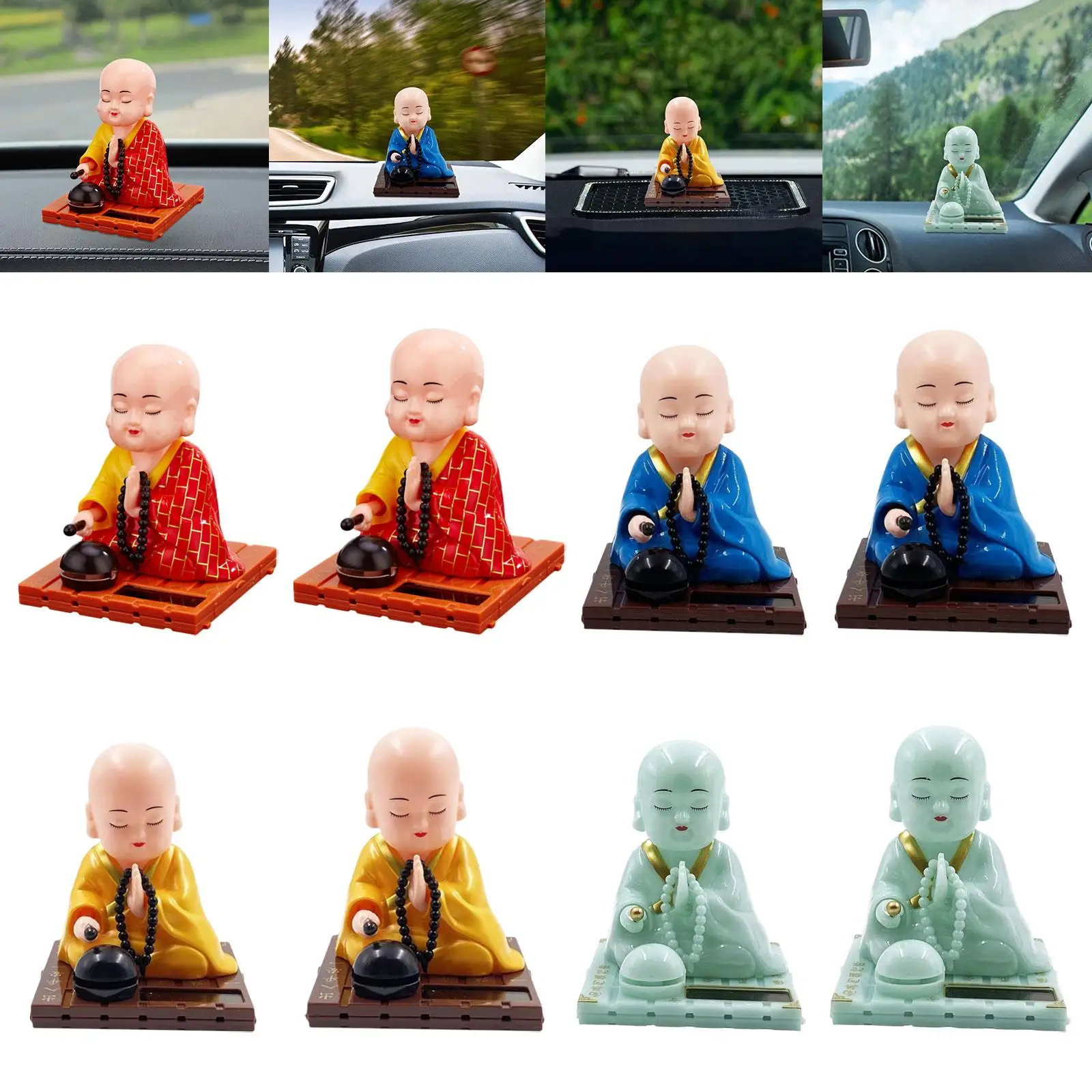 Little Monk Figurine Solar Powered Car Toy Bobble Head Toy Dashboard Decoration Buddha Monks Statue Car Ornament for Home Decor