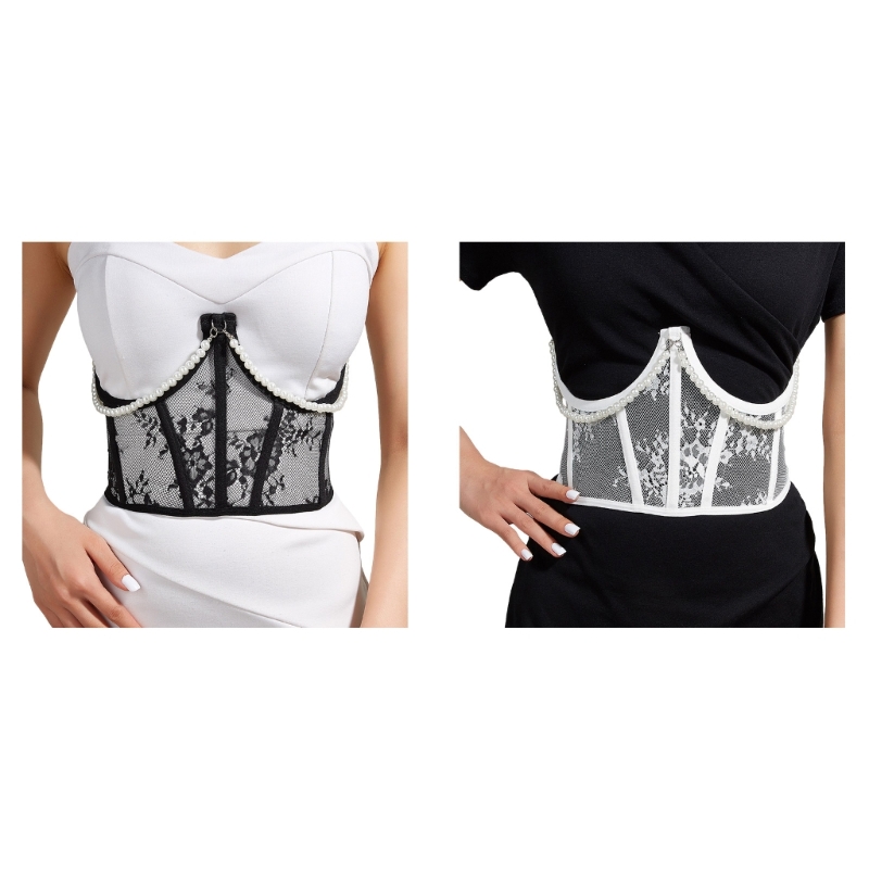 Q0KE Sheer Spitze Taille Korsett Jugendliche Frau Baumeln Perle Kette Decor Body Shaper Gürtel Extender Streetwear Taille Dekore – Detail 1