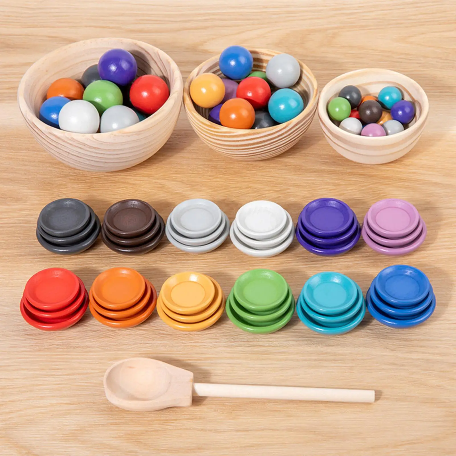 Montessori Wooden Rainbow Ball Matching Game Preschool Learning Toy with 36 Balls Early Education Toys for Age 1+ Xmas Gifts