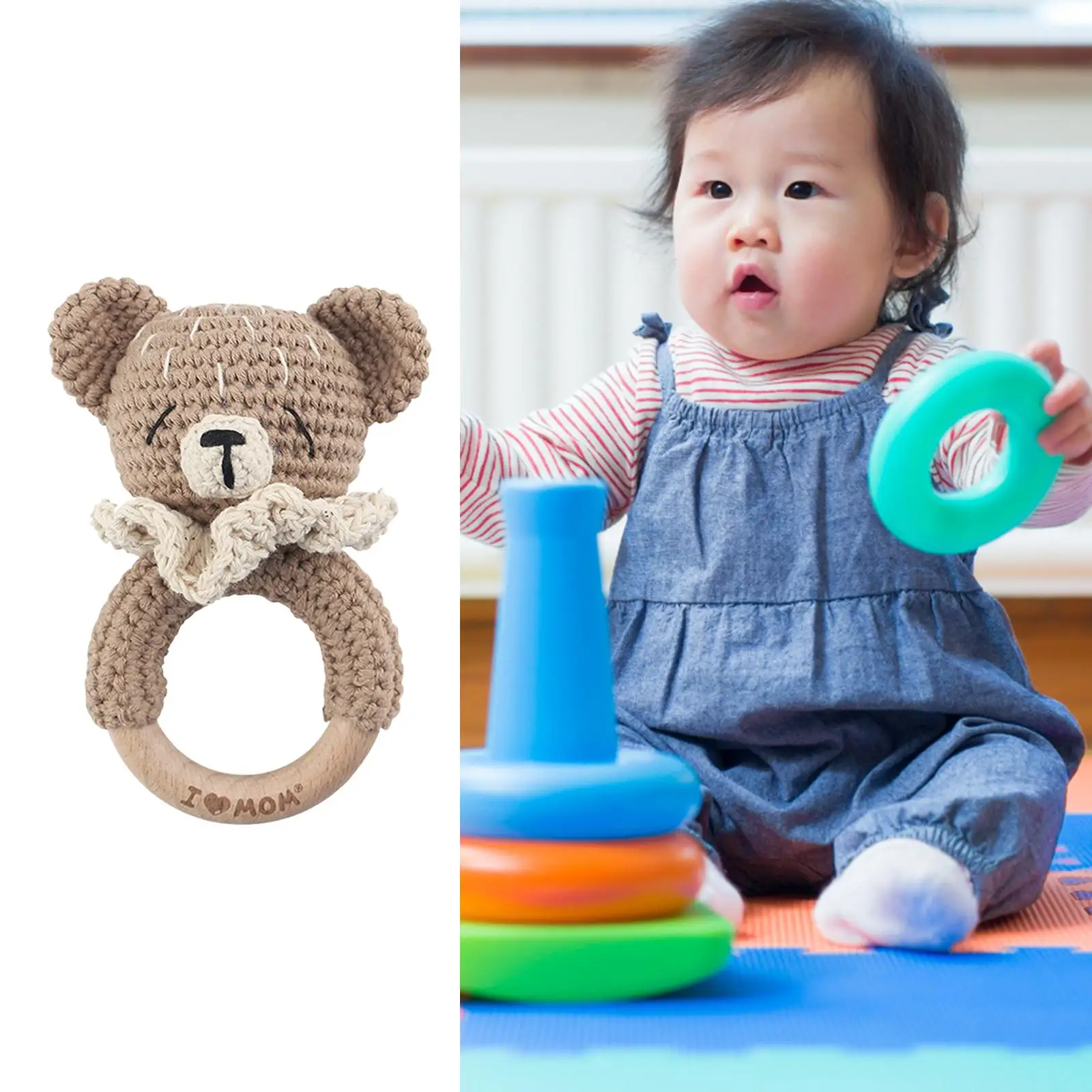 Toddlers Wooden Rattle Stroller Toys,Baby Grasping Toy Shower Gift,Fine Motor Learning,Crochet Baby Rattle, Baby Rattle
