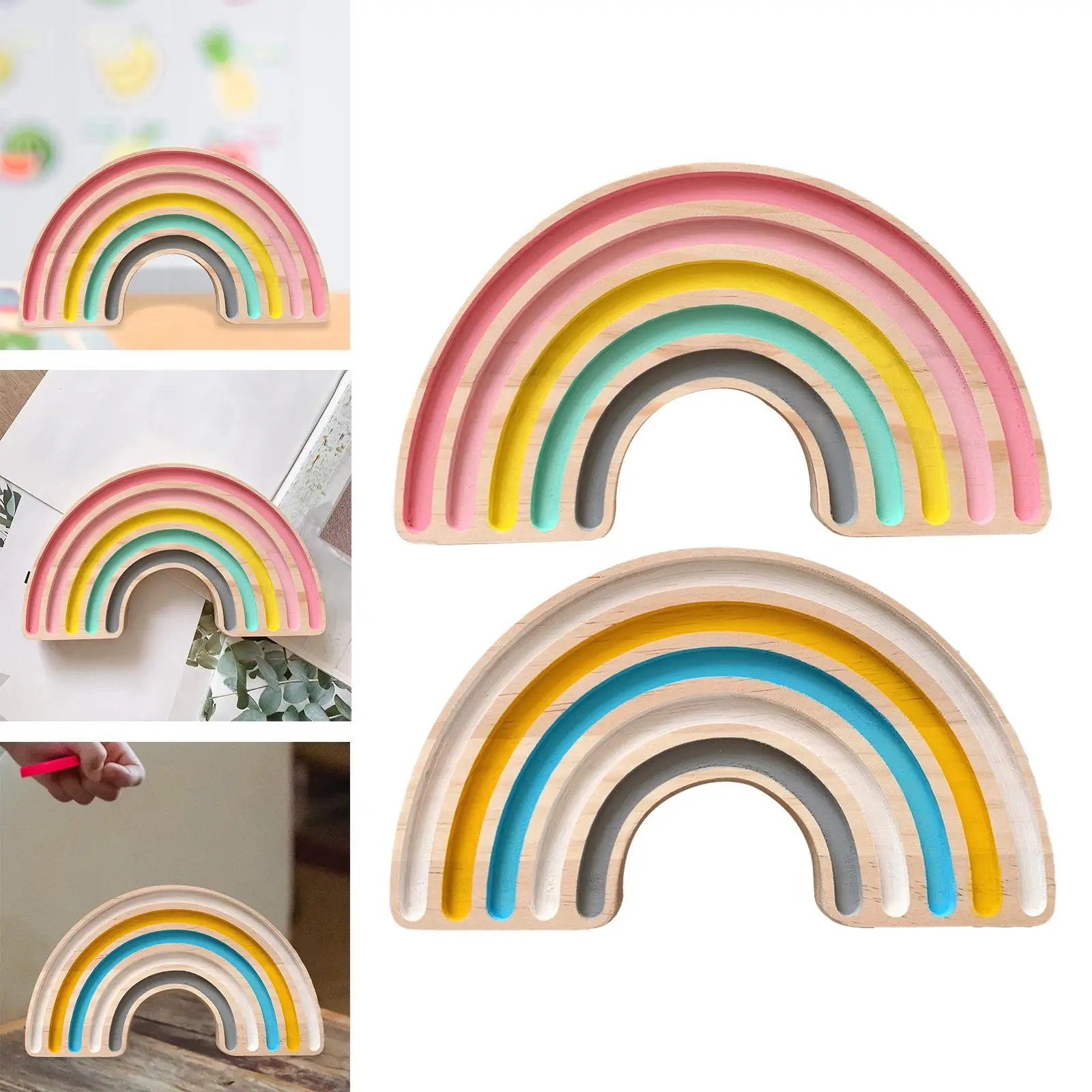 Handmade Wooden Rainbow Stacker Board Ornament Decorative Creative Craft Block for Baby Room Desktop Home Decoration Playroom