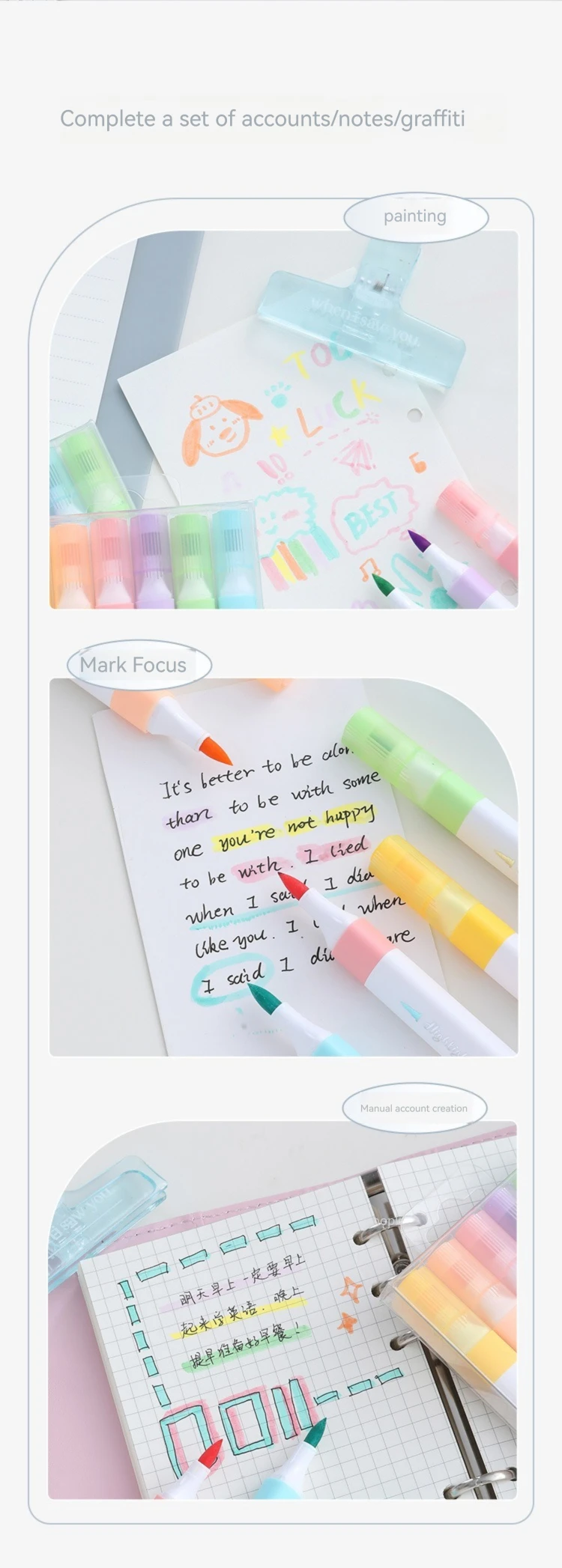 6-Farben-Textmarker-Set in Pastellfarbe, Pinsel, fluoreszierende Marker, Textmarker, Kunstmarker, japanisches süßes Kawaii-Briefpapier – Detail 5
