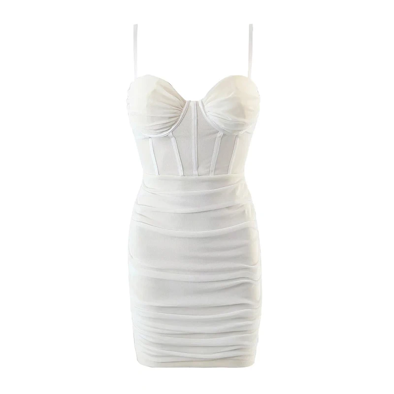 Women Plain White Mesh Bodycon Camisole Corset Style Mini Dress