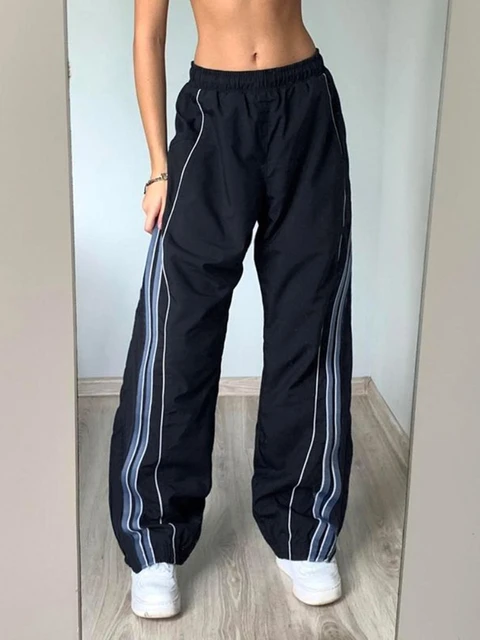 HOUZHOU Women Wide Leg Parachute Pants Vintage Hip Hop Striped