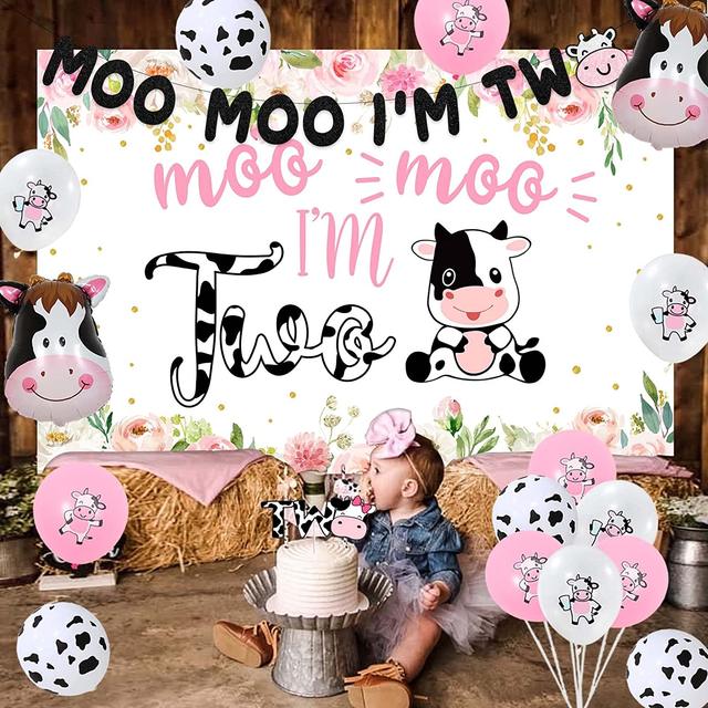  Moo Moo I'm Two Birthday Decoration Cow Theme 2nd Birthday  Banner Cow Two Cake Topper Kids Boy Girl's Happy Second Birthday Party  Supplies Glitter Pink Decor : Toys & Games