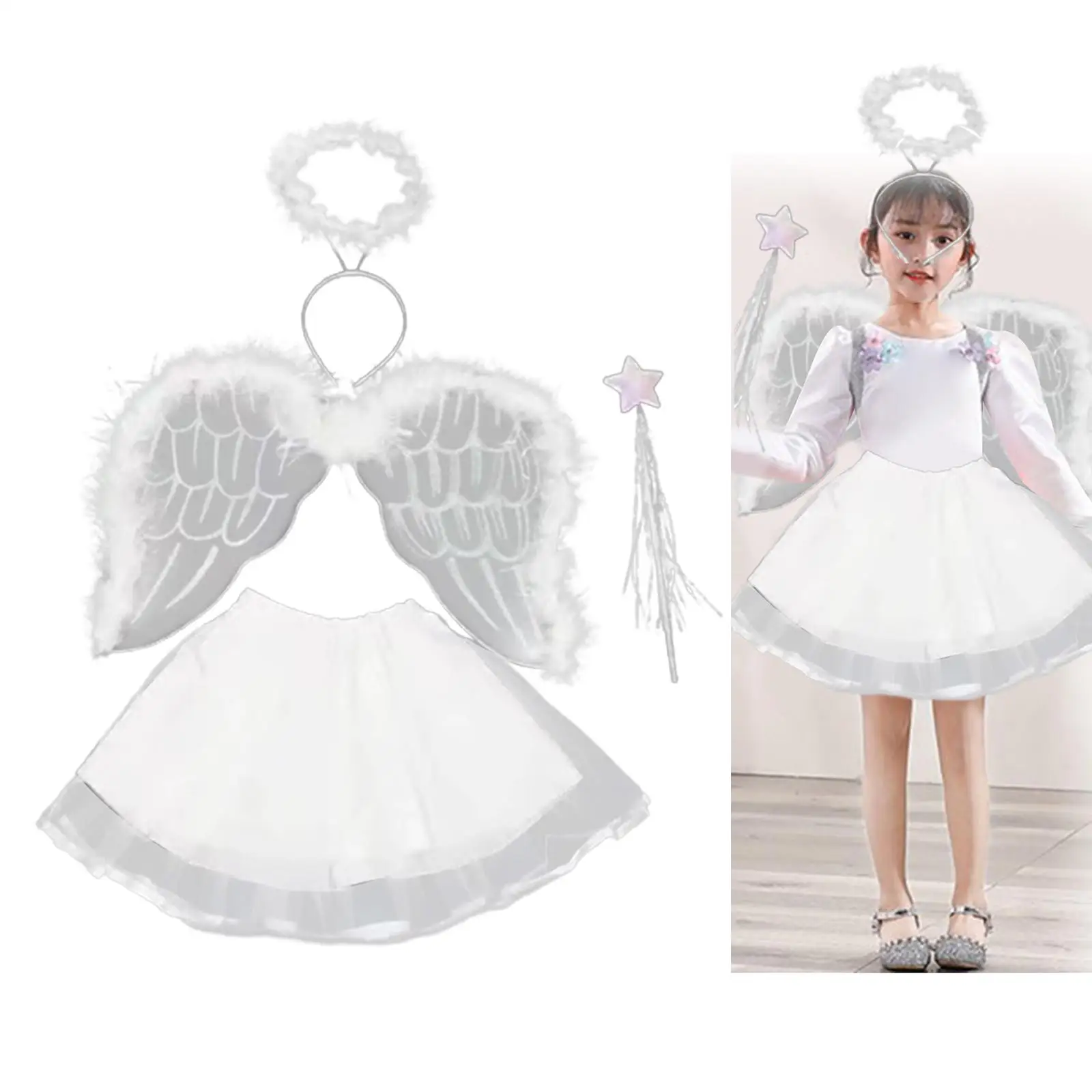 Angel Costume for Girls Lovely Kids Cosplay Tutu Skirt Angel Wing for Festival Masquerade Carnival Role Play Party Supplies