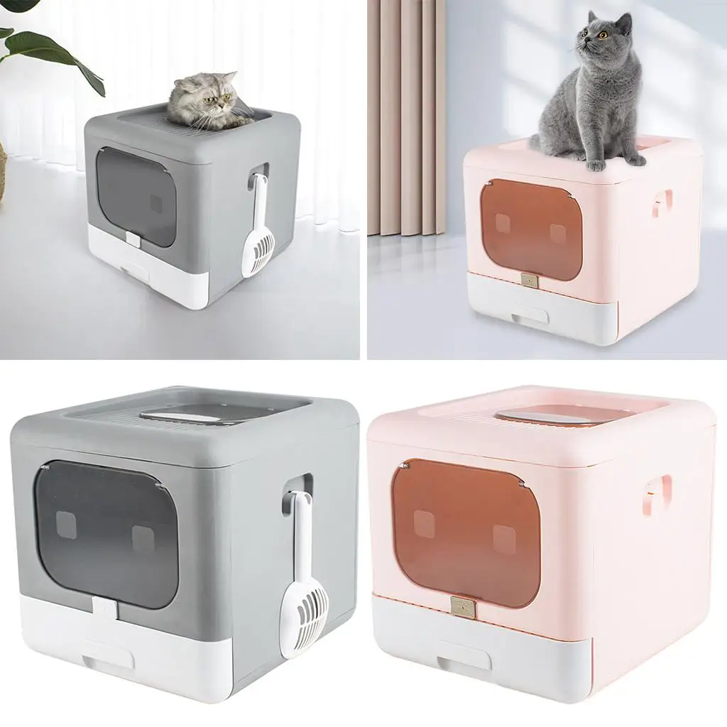 Portable Cat Litter Box with Lid Foldable Cats Litter Tray with Top Entry Pet Toilet with Scoop Large Inside Room for Kitten