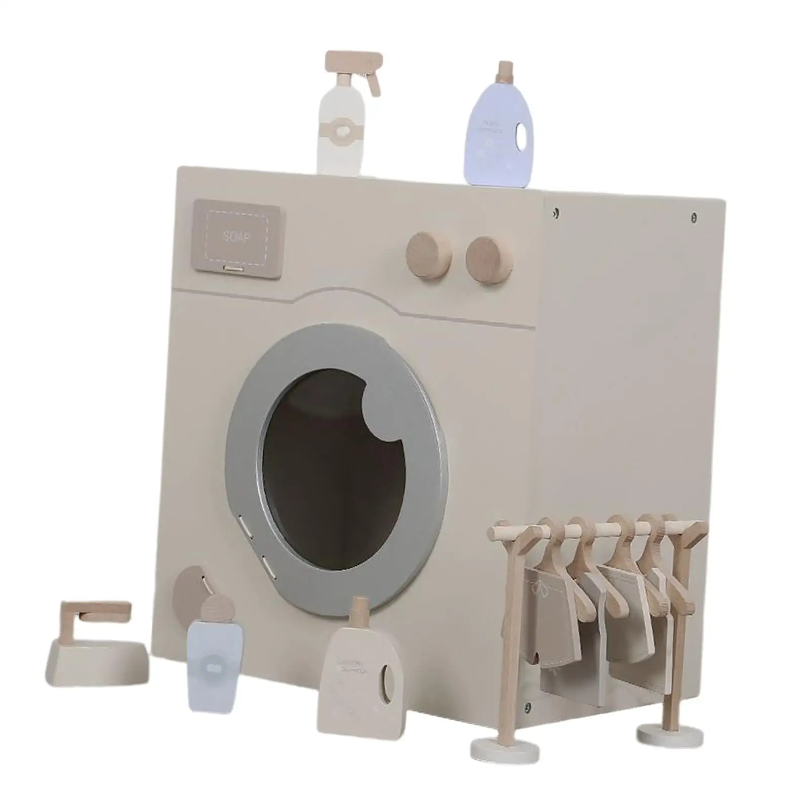 Wooden Washing Machine Set with Accessories Laundry Set Interactive Toy Appliance Realistic Role Play Toy for Toddlers Gift Kids