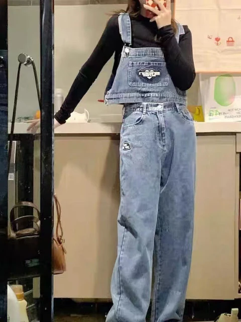 American Vintage Denim Suit Women High Streetcool Wear Loose Split Overalls  2pcs Set Crop Denim Suspender Top + High Waist Jeans