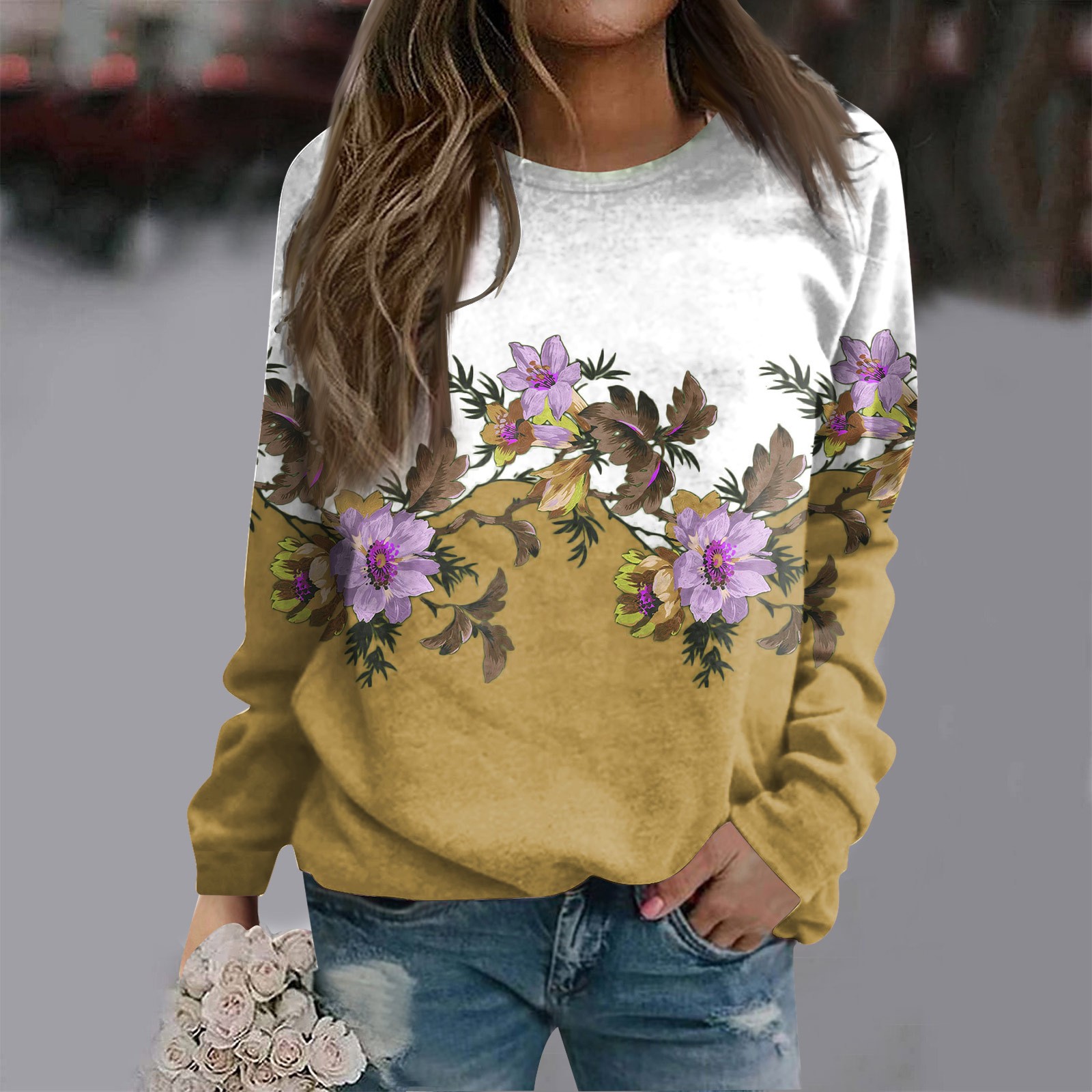 moda coreana, tops estampados com flores, streetwear extragrande, outono, inverno