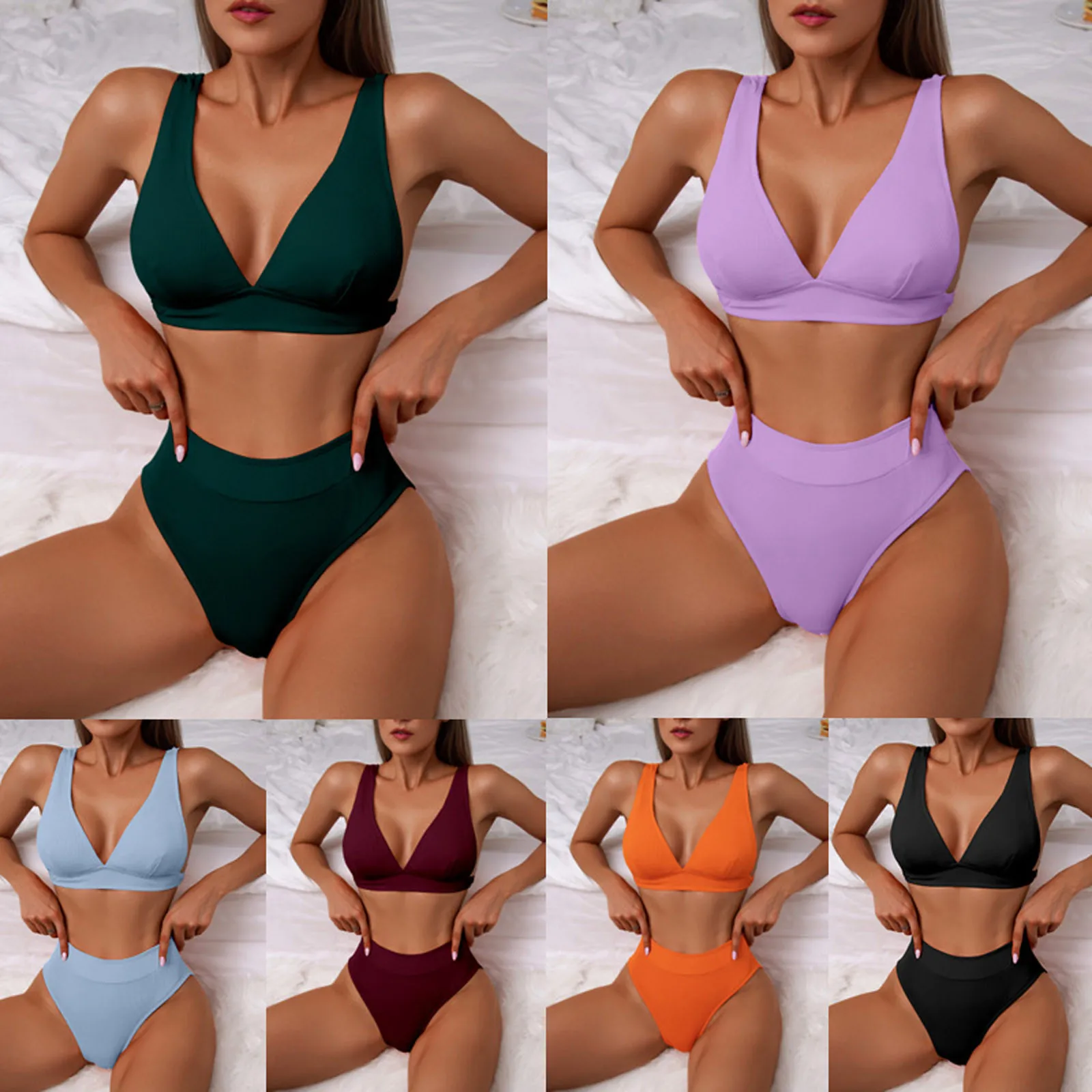 2022 Women Solid Color High Waist Two Pieces Bikini Set Swimsuit Female Split Beachwear Swimwear Bathing Suit Without Steel Bra designer bikini sets