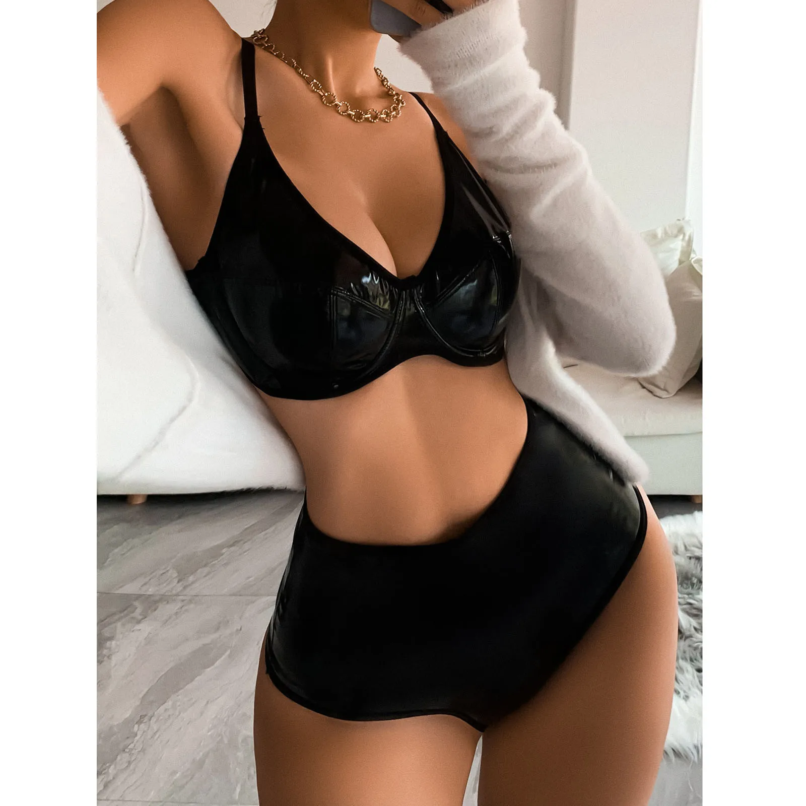 Sexy Women Latex Lingerie Two-piece Pu Leather Women Steel Ring Push Up Bra For Ladies Sexy Lingerie High Waist Underwear Set bra and brief sets