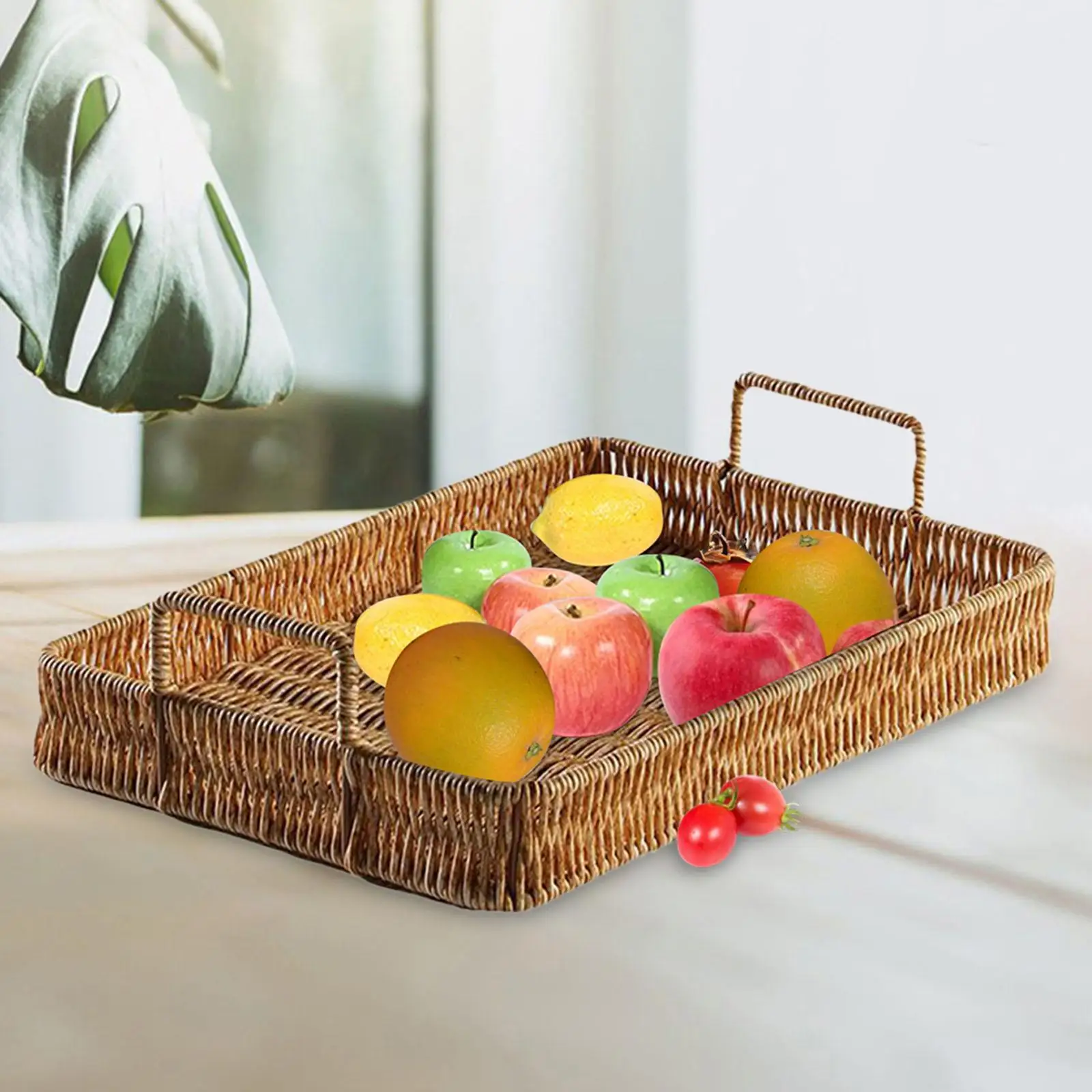 Rectangle Hand Woven Fruit Serving Tray Fruit Bowl Holder Decoration Multipurpose Rustic Organizer for Centerpiece Home