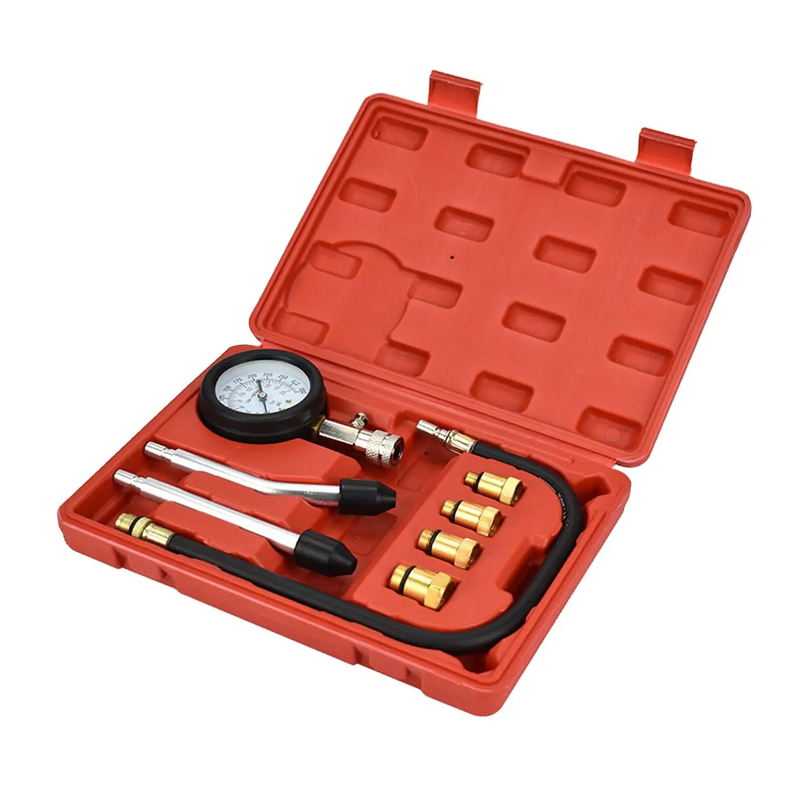 Portable 8Pcs Car Gas Engine Cylinder Compression Tester Gauge Kit 4 Brass Adapter in Different Size with Carrying Case Easy Use
