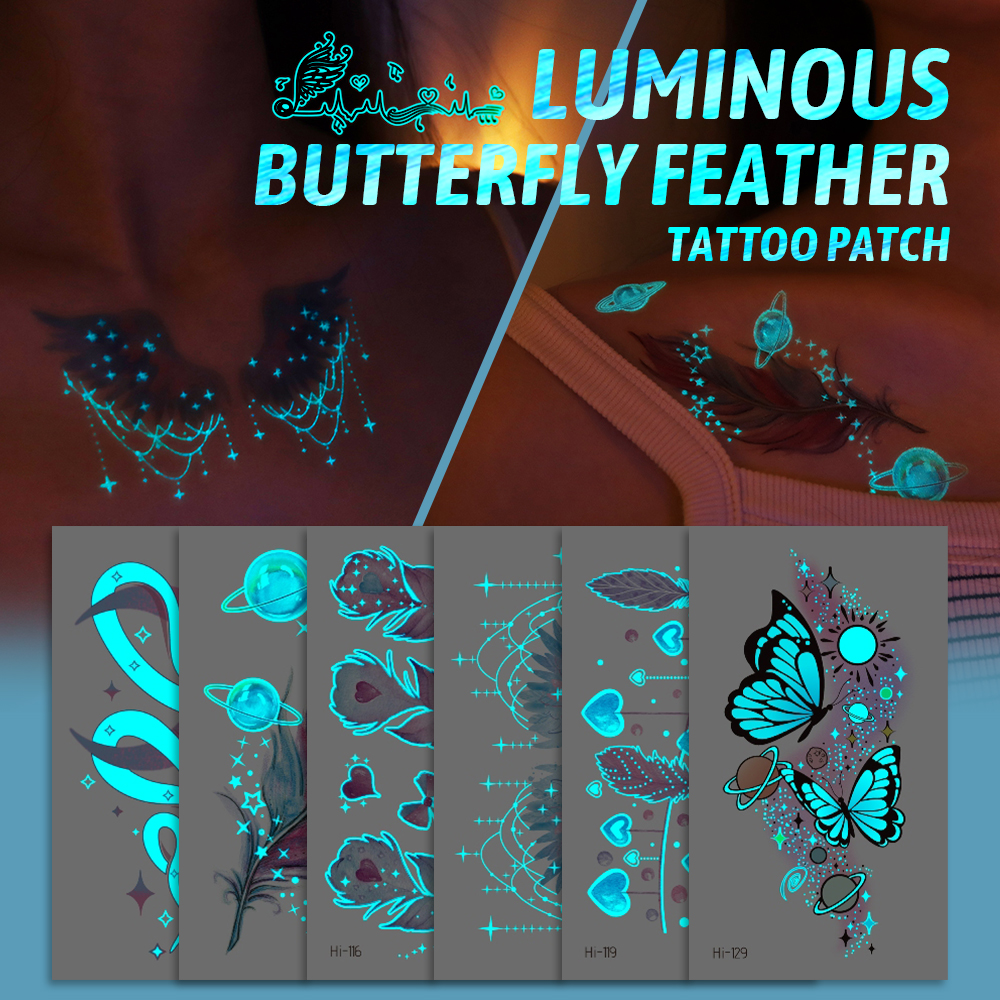 Best of Blue Luminous Tattoo Sticker Music Concert Fake Tatto ButterflyFeather Glowing Waterproof Temporary Tatoo For Body Art Women Men Reviews & Tips