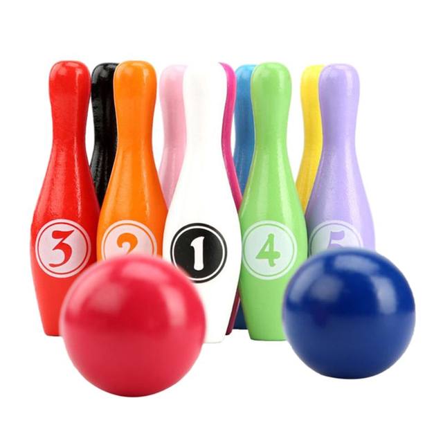 Wood bowling set, childrens game - 10 pins, 2 balls, and bag 2024 - rainbow colors