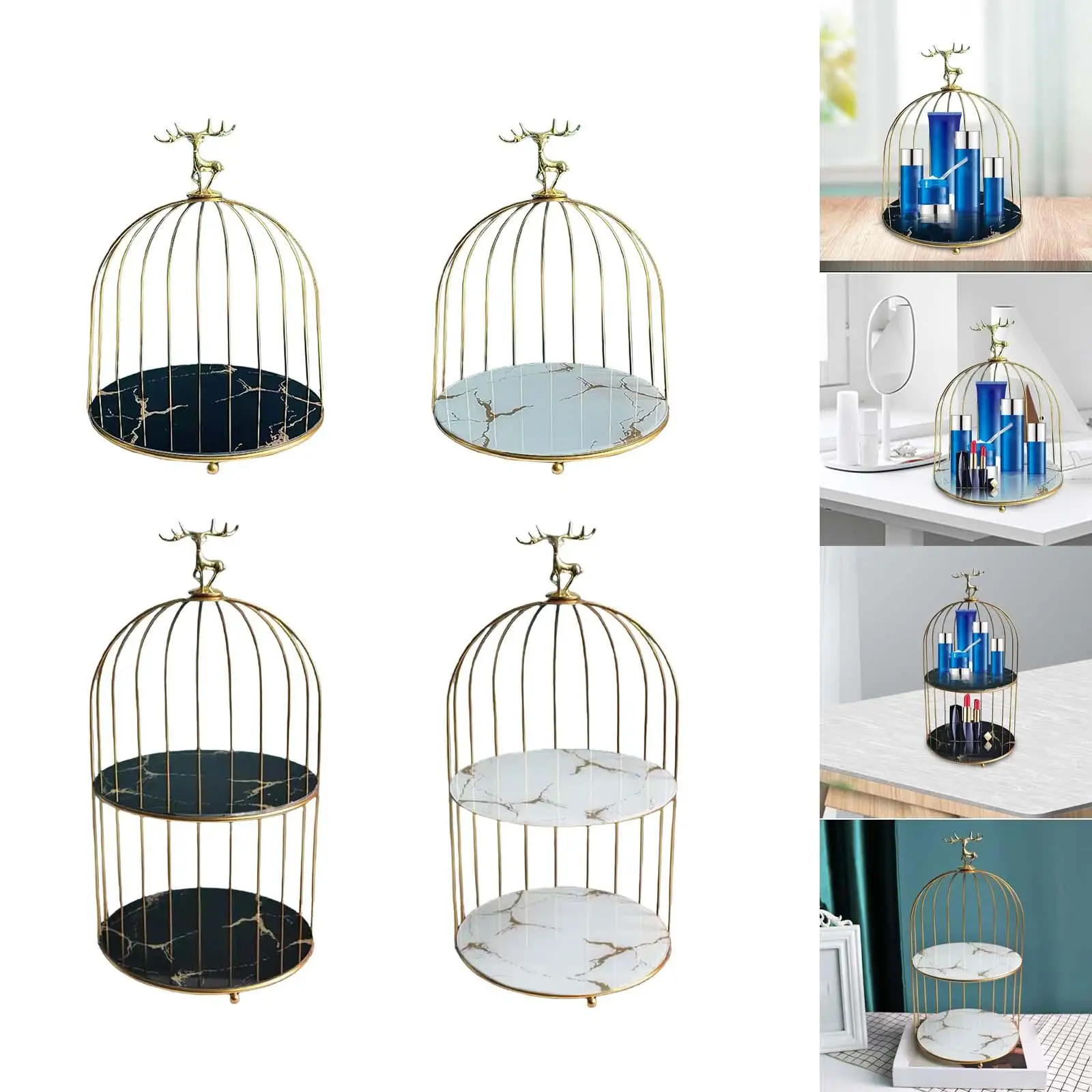 Metal Bird Cage Makeup Organizer Jewelry Trinket Tray Cosmetic Storage Rack