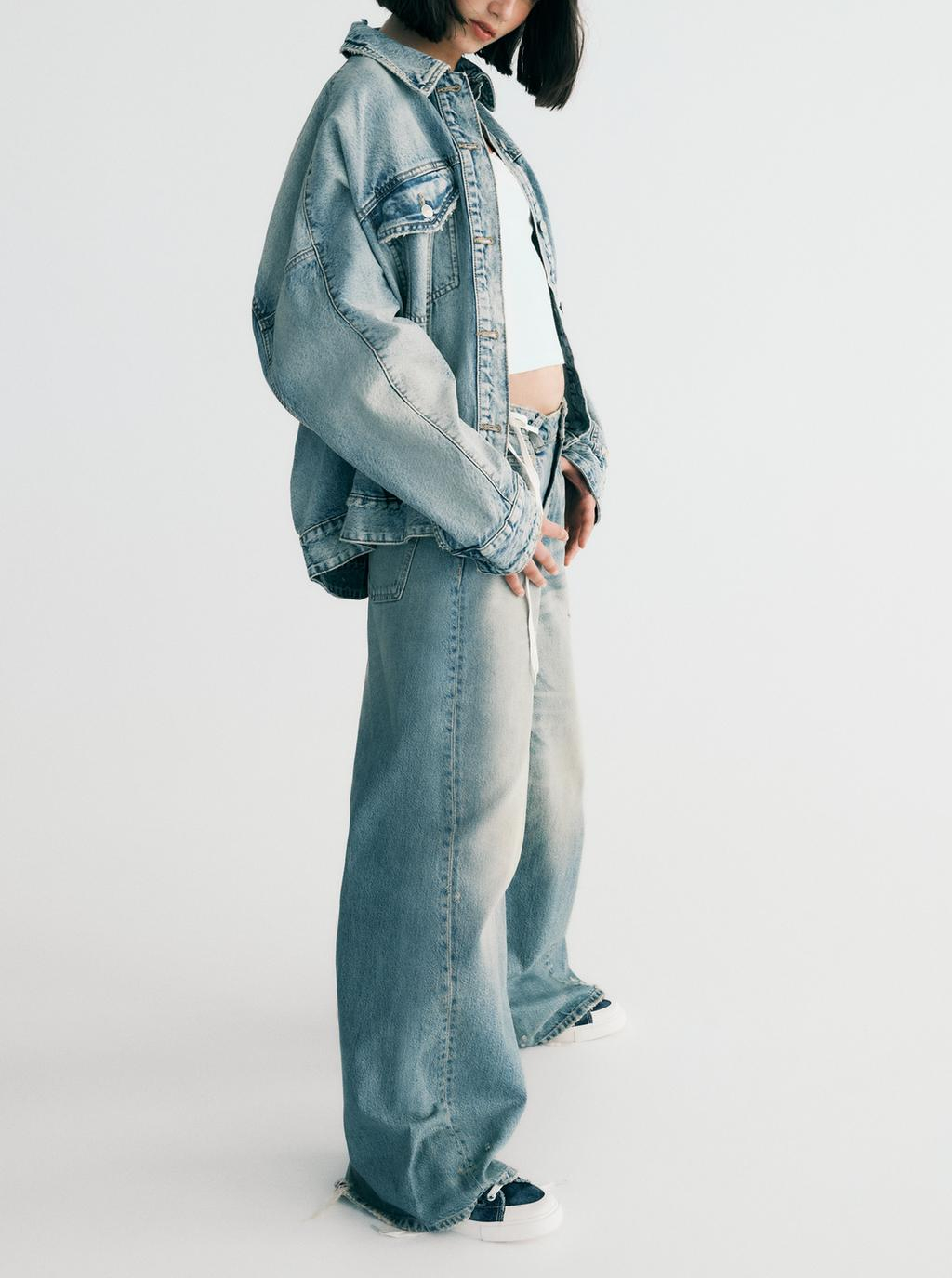 Autunno Donna Giacca di jeans oversize Jeans a gamba larga Abito con risvolto Maniche lunghe Giacca di jeans Cappotto Jeans strappati a gamba larga a vita bassa_voghion.com