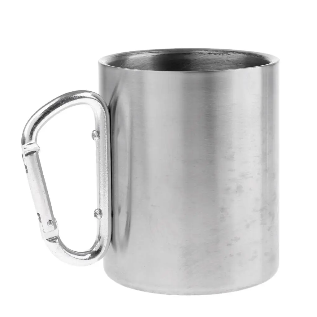 Stainless Steel Double Walled Mug with Carabiner Handle - Portable Climbing,