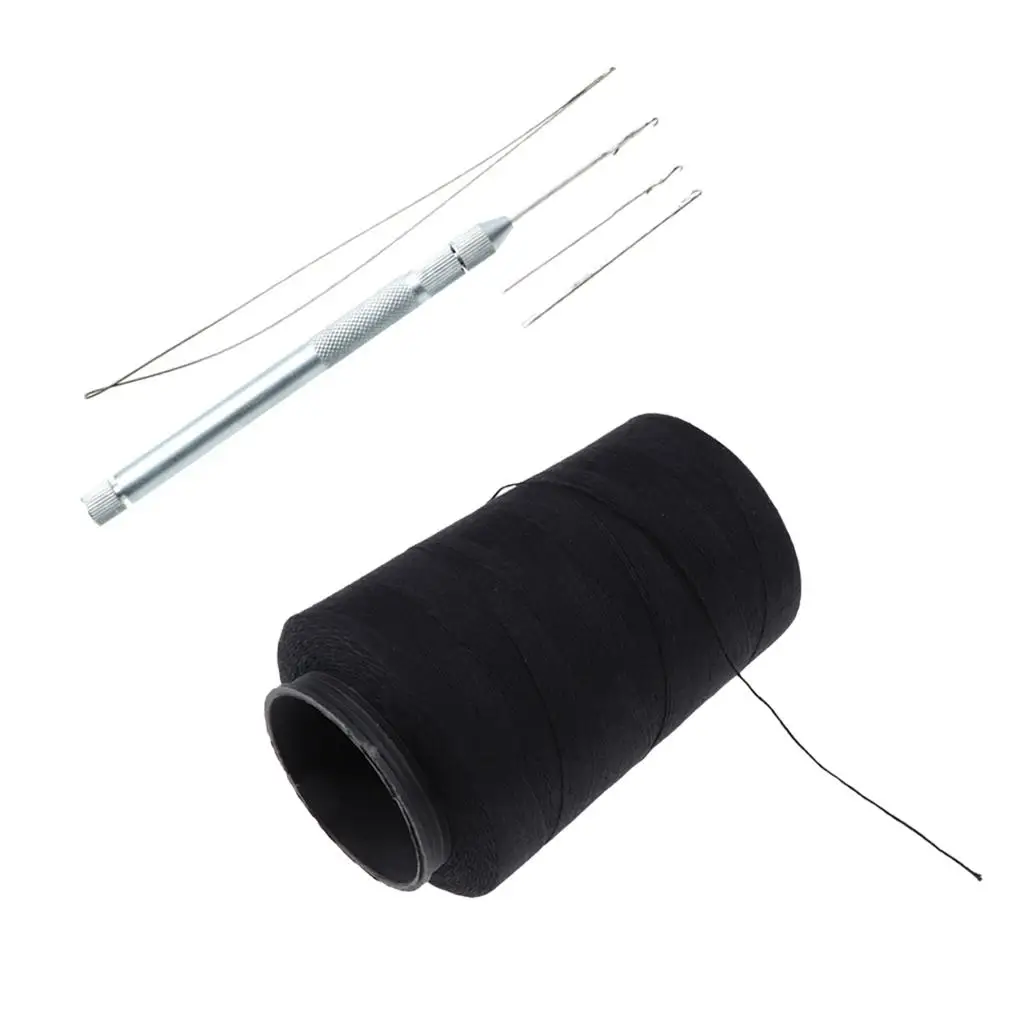 1 Roll Black Weaving Thread 902 Yards with  Latch Hook Crochet  for Making Sewing Hair Weft Weaves Extensions