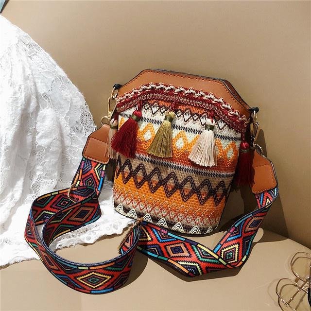 Woven Black Bright outlet Tassel Strap Boho Bucket Bag