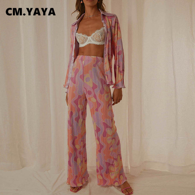 CM.YAYA Floral Pleated Women Two 2 Piece Set Outfits INS Home Wide