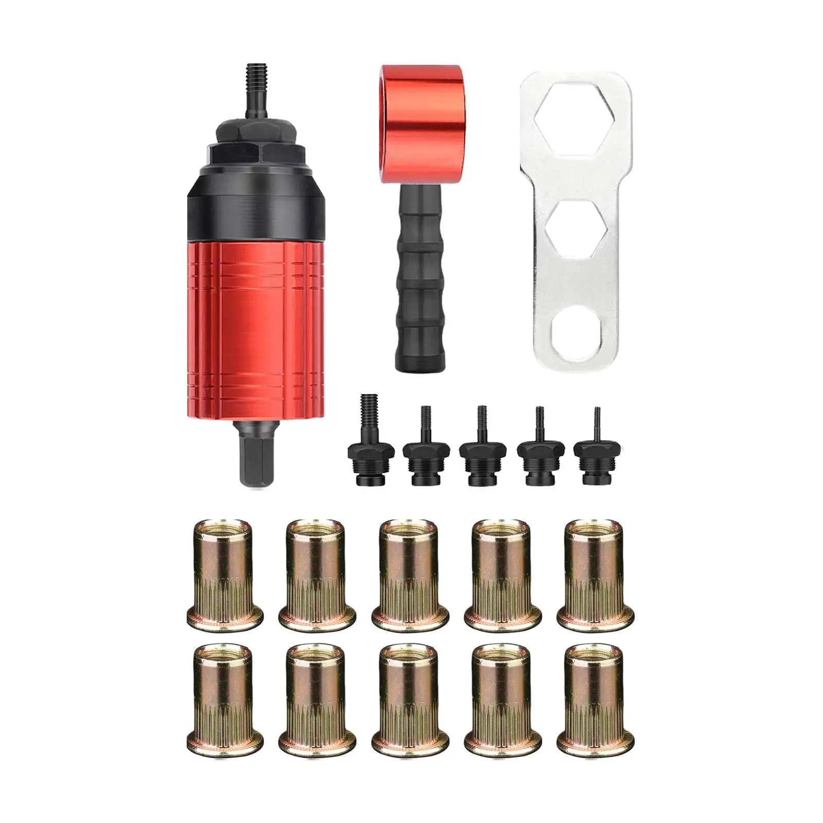 Rivet Nut Drill Adaptor Attachment Riveting Kits with 10 Rivet Nuts Ergonomic Handle Threaded Insert for Ship Repair Furniture