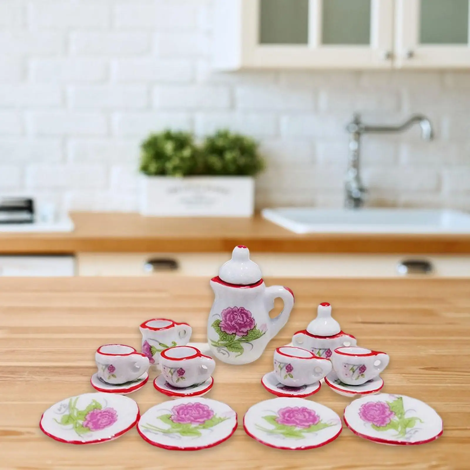 Dollhouse Miniature Porcelain Tea Cup Living Room Mini Teapot Cup Plate Decoration