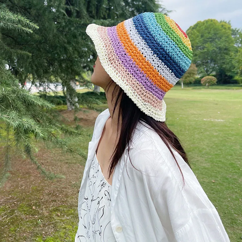Rainbow Striped Crochet Straw Hat Women's Air-breathable Fisherman Hat  Summer Sunscreen Shade Sun Bucket Hat - AliExpress
