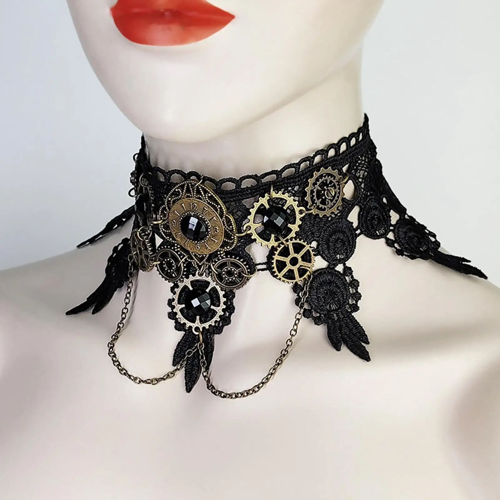 Black Lace Gothic Choker Necklace, Punk  Elegant Gear Pendant, for Wedding Party Halloween Costume Cosplay Women Girls.