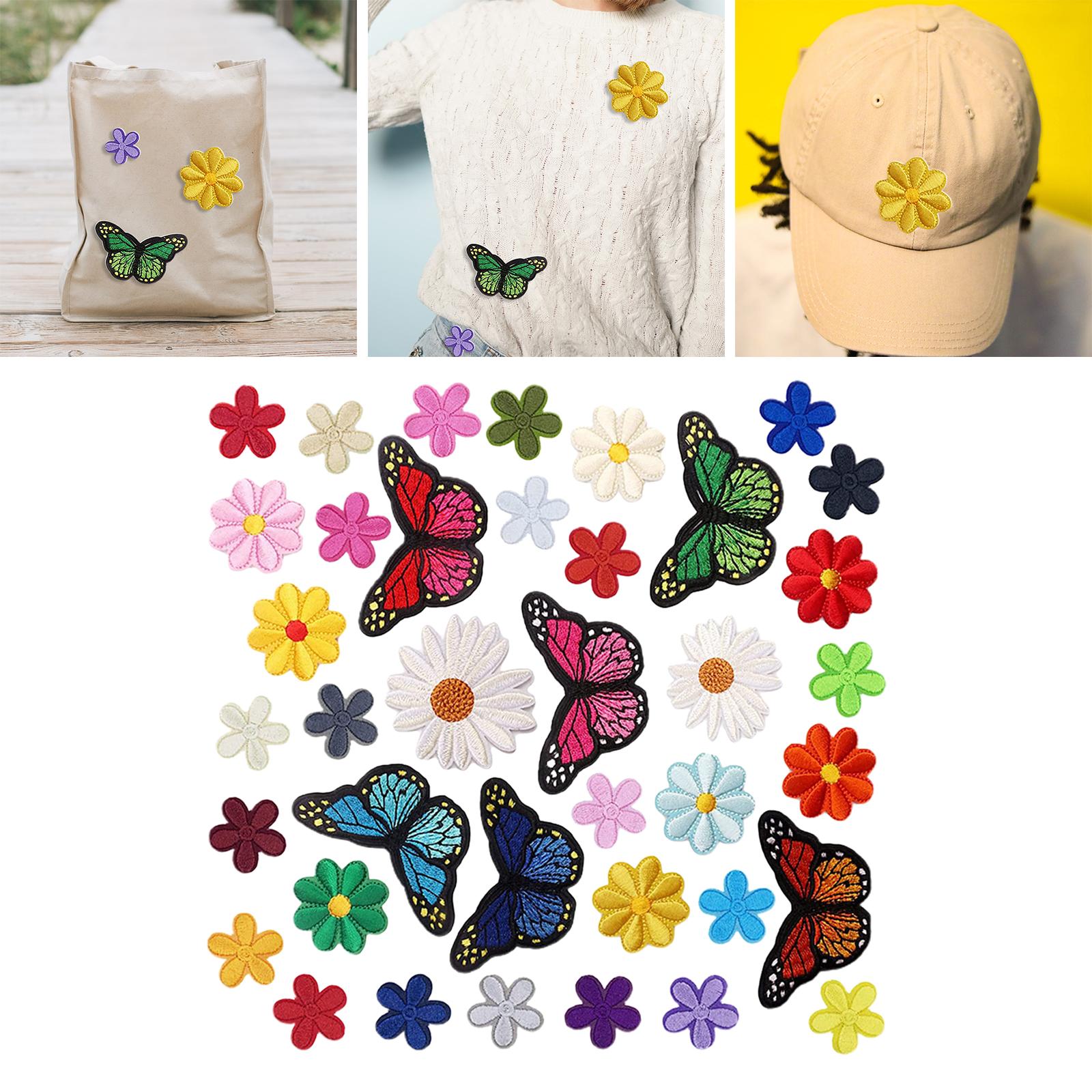 38x Butterfly & Flower Iron Patches Applique Decor Sewing Embroidered Stickers for T Shirts Handbook Bags Arts Crafts Coats