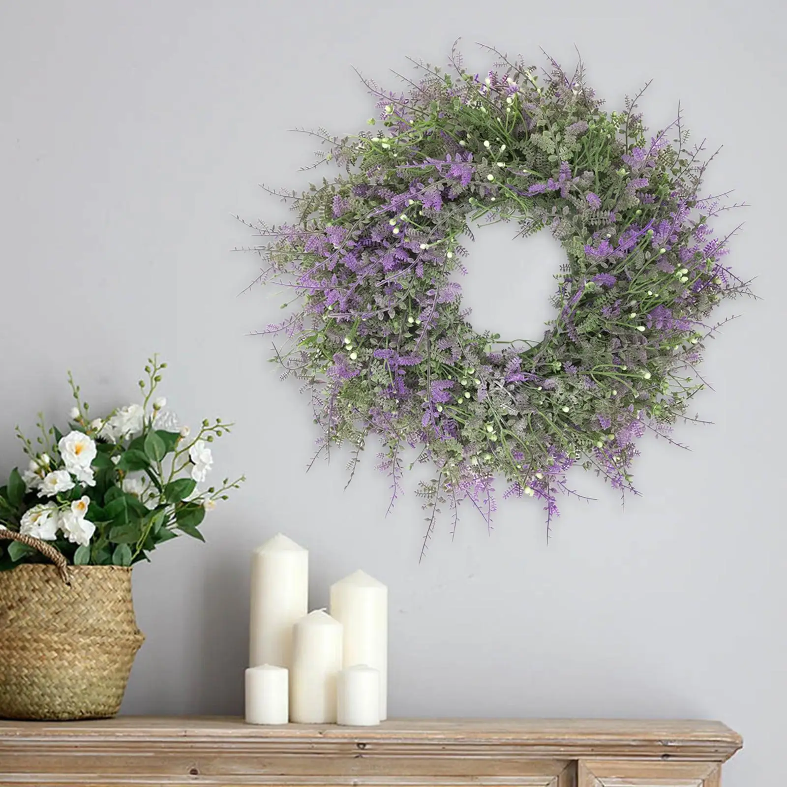 Front Door Wreath, 18 Artificial Floral Wreath Lavender Wreath for Front Door Wall Farmhouse and Thanksgiving Decoration