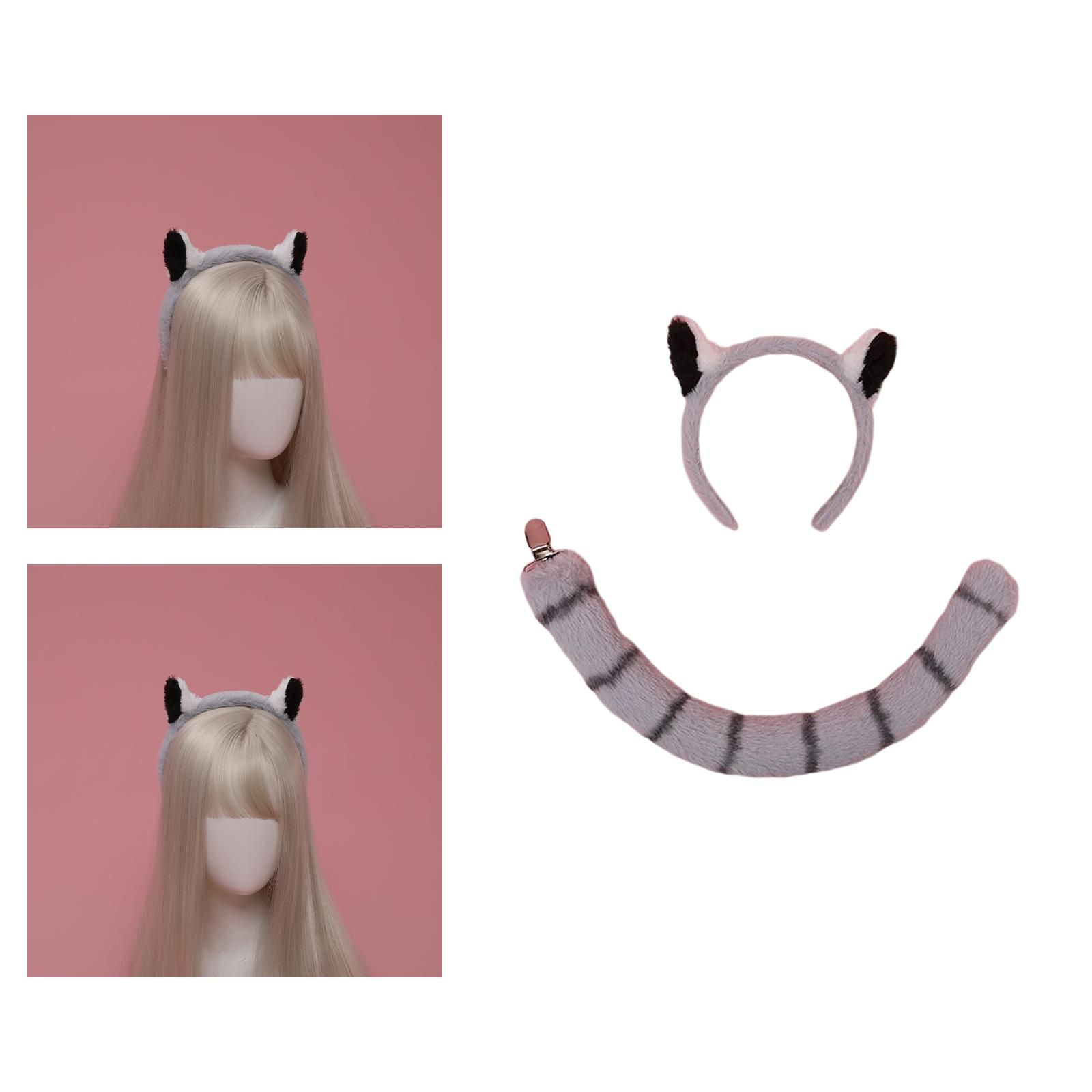 Raccoon Ears and Tail Set Costume Fancy Dress Decoration Cosplay Gift for Masquerade Stage Shows Halloween Birthday Accessories