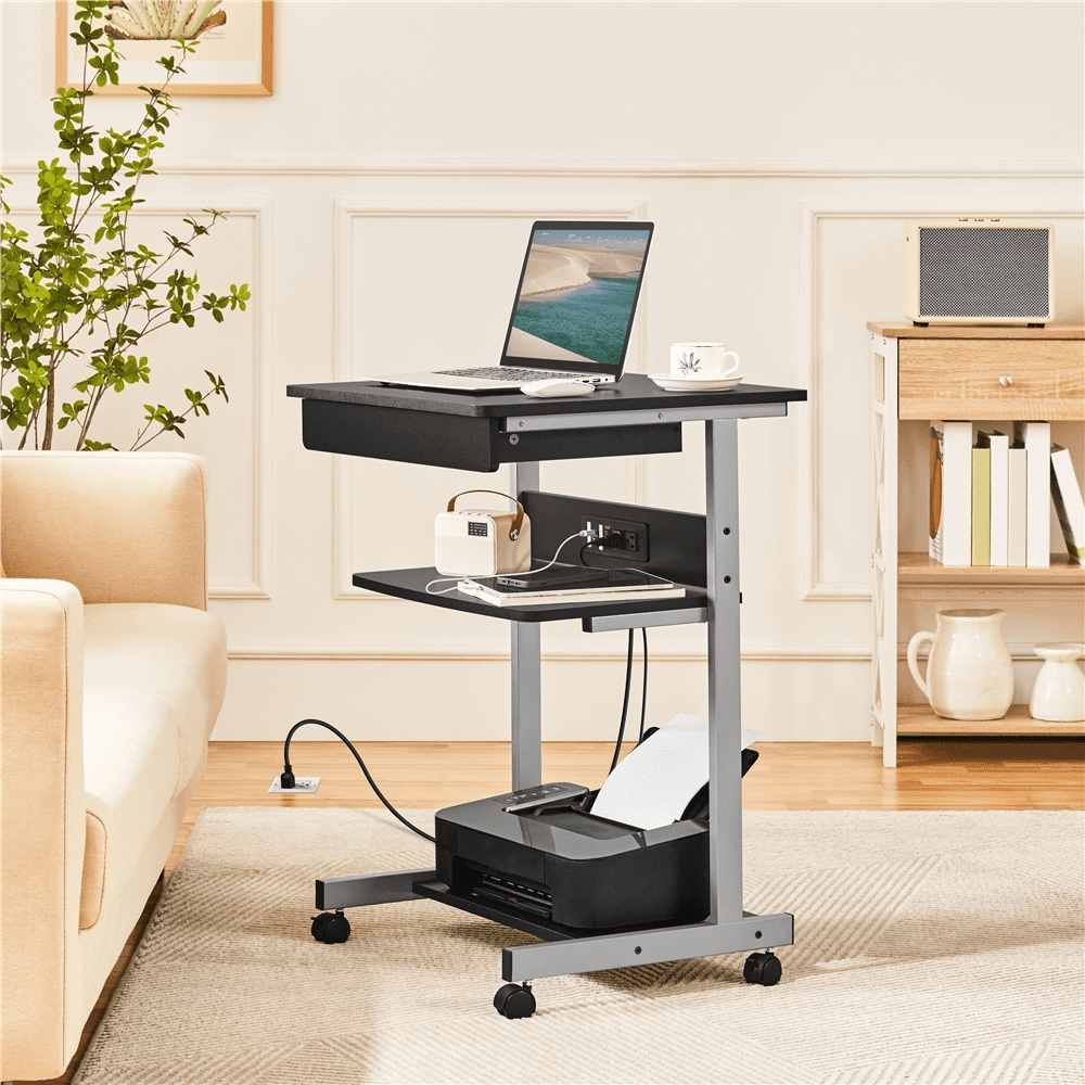 Description Picture 3 of itemSMILE MART 22in Rolling Laptop Computer Table with Power Outlet for Home, Black standing desk converter desk table