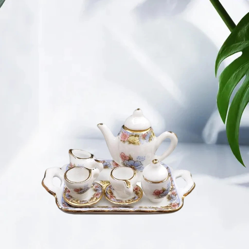 Miniature Porcelain Tea Cup Set Dollhouse Flower Pattern Plate for Kitchen