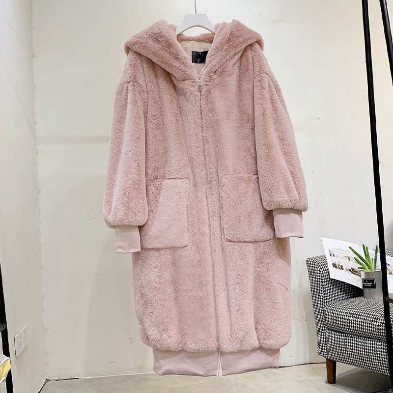 Winter Fashion Runaway Luxury Brand Long Faux Fur Coat Women Jacket Zip Hooded Thick Warm Fake Rabbit Fur Plush Overcoats