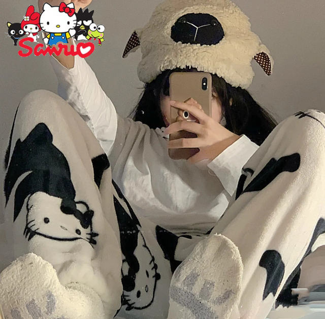 Cartoon MINISO Hello Kitty Flannel Pajama Pants Women's Autumn/Winter Coral  Fleece Thickened and Fleece Warm Casual Home Pants - AliExpress