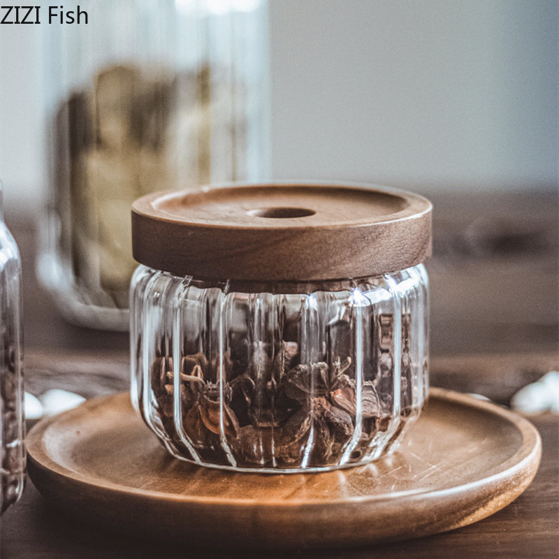 Description Picture 4 of itemWood Lid Orgnizer Glass Airtight Canister Kitchen Storage Bottles Jar Sealed Food Container Ginger Cereal Dispenser Stash Cans