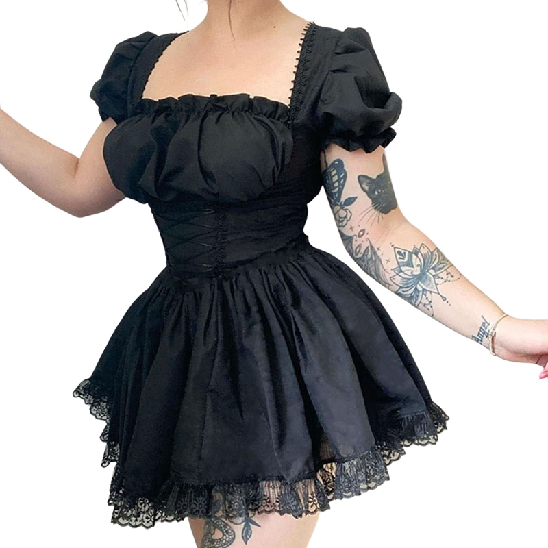 Süßes A-Linien-Kleid mit Puffärmeln für Damen, Sommer, Fairycore, Lolita, einfarbig, Bandage, Spitzenbesatz, kurze Kleider für Halloween-Party – Detail 11