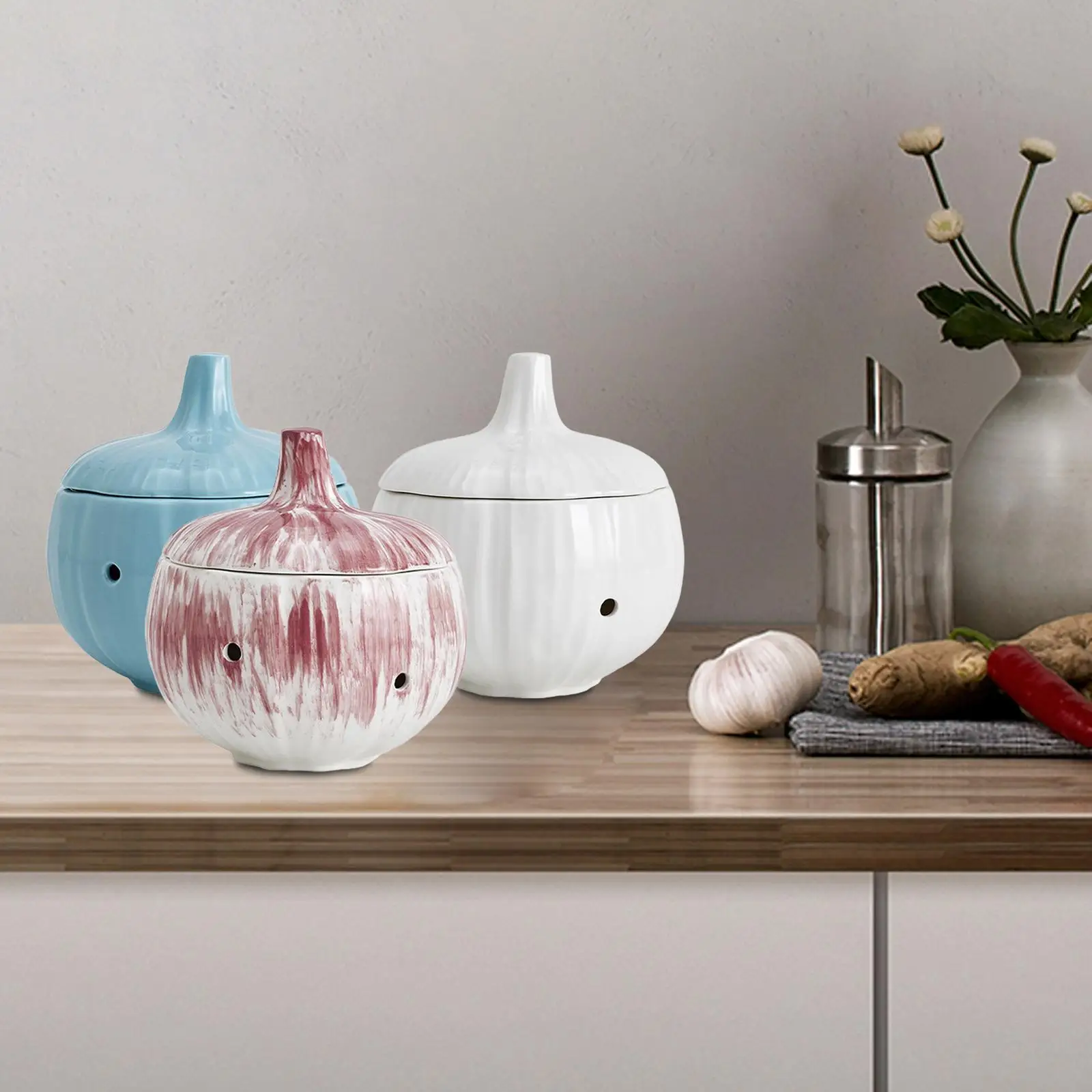 Ceramic Garlic Keeper Garlic Container Saver with Lids Canister Collection Round Holder for Home Kitchen Onion Ginger