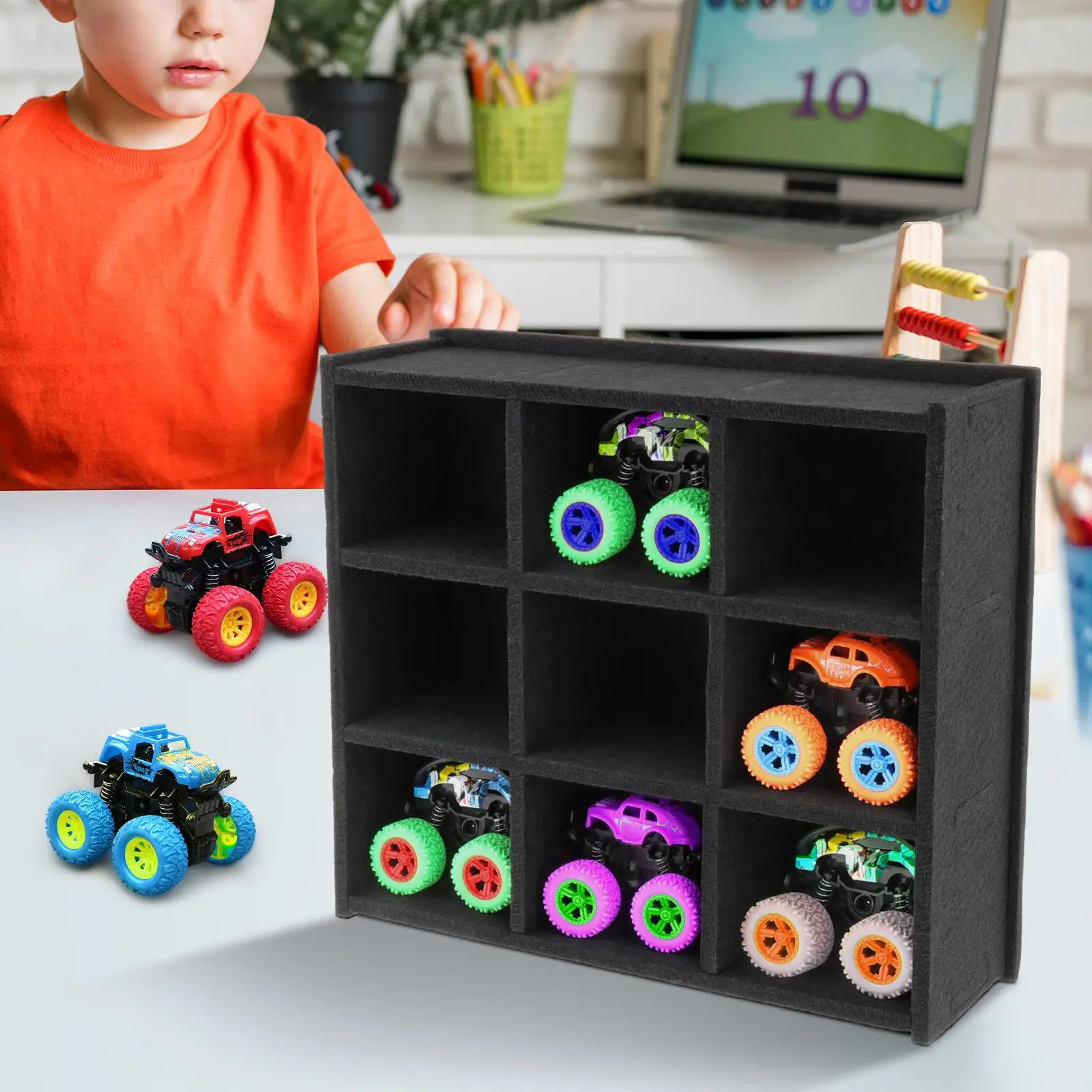 Monster Trucks Toy Wall Mount Display Case with 9 Slots Black Color Inside Each Slot 10cmx8.5cm DIY Assembled for Children
