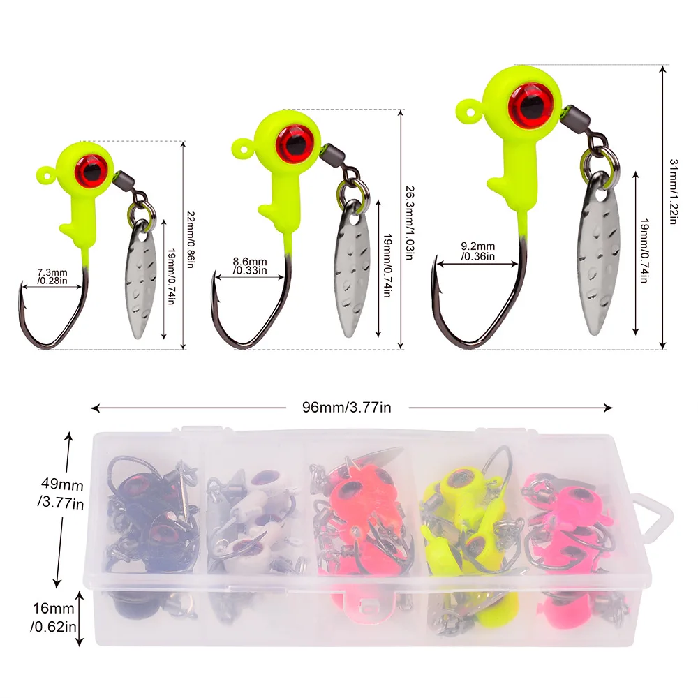 Variedad de colores y pesos de los señuelos de pesca en hielo