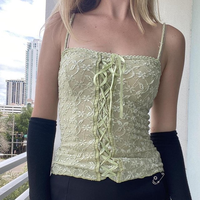 90s Vintage Sage green fairycore ruffle cami top - Depop