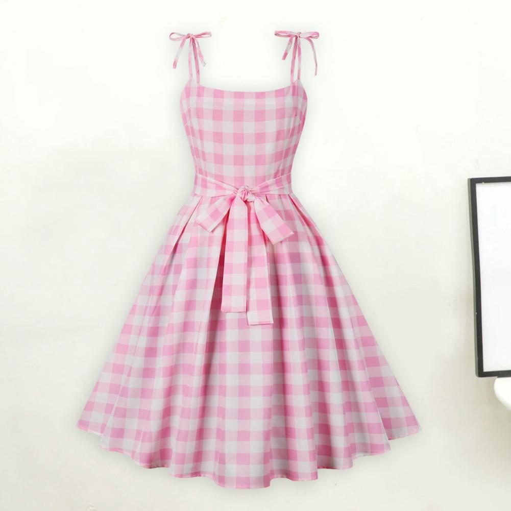 Vestido feminino xadrez rosa Hepburn estilo vintage,