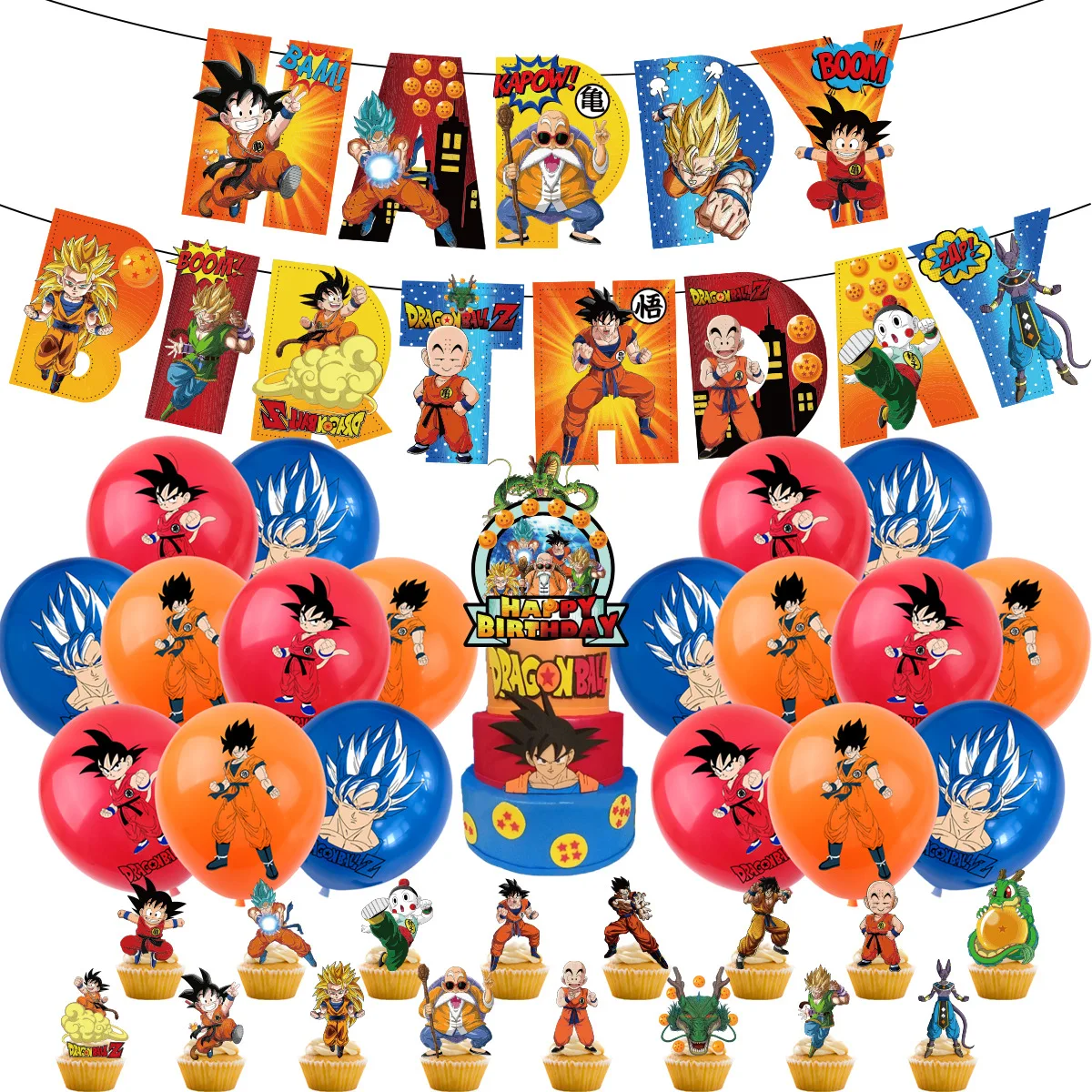 Dragon Ball Z Birthday Party Decoration Anime Tableware Invitation Cards Banner Backdrop Poster Cake Topper Number Balloon Set