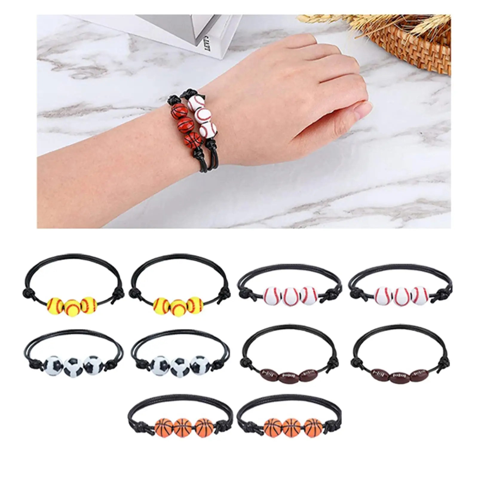 10 Pieces Braided Bracelets Adjustable Braided Wristband Baseball Ball Charms for Men Women Athletes